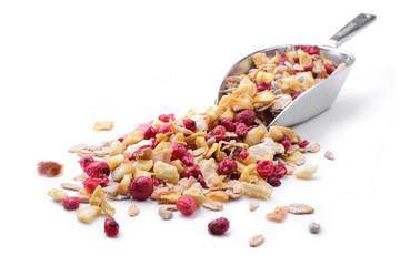 Muesli, a mixture of cereals, red fruits and apple