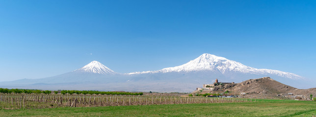 Khor Virap monastery on the background of mount Ararat in Armenia, long wide banner