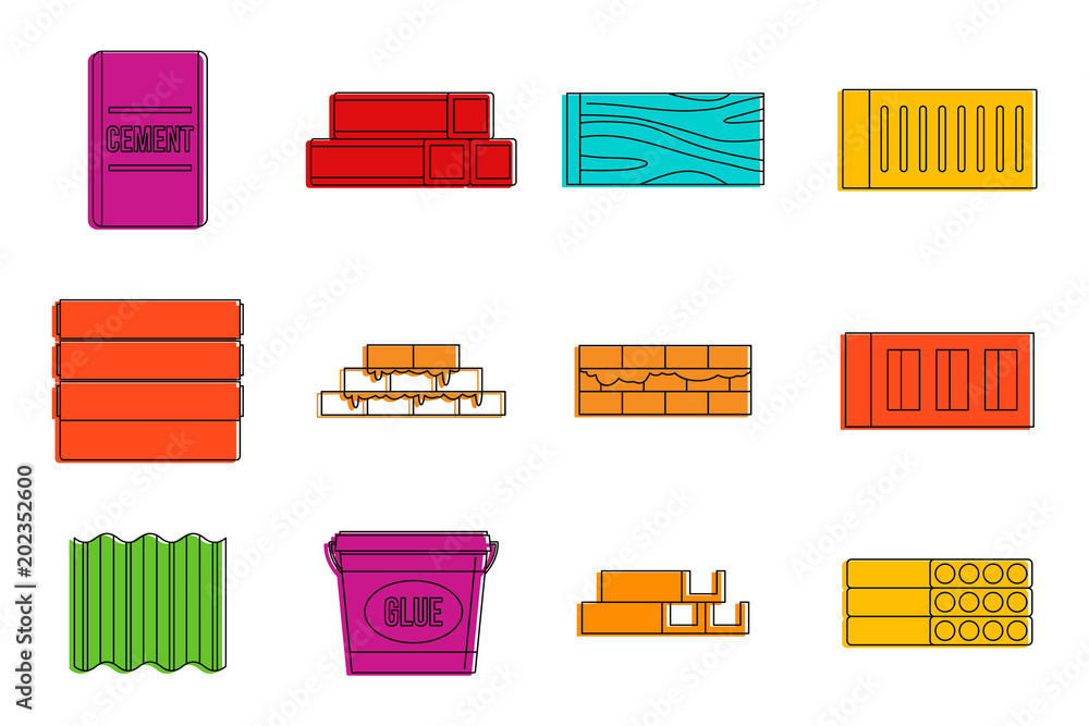 Poster construction material icon set. color outline set of construction material vector icons for web desi