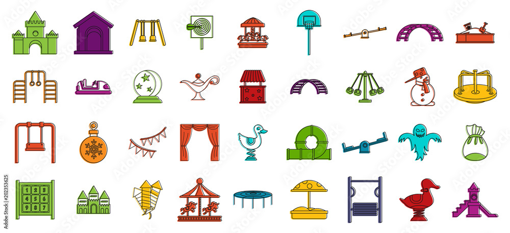 Poster kid amusement icon set. color outline set of kid amusement vector icons for web design isolated on w