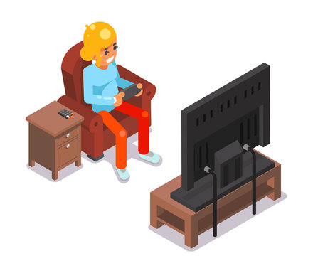Gamer young girl watching TV playing game sit armchair cartoon isometric character flat design vector illustration