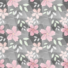 Seamless colorful flower pattern. Pink flowers on grey background. 