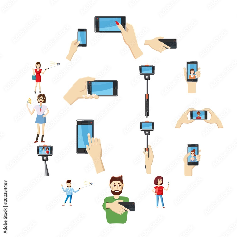 Aufkleber cartoon selfie icons set. universal selfie icons to use for web and mobile ui, set of basic selfie e