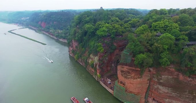 Aerial view of Leshan China Giant Buddha, 4k