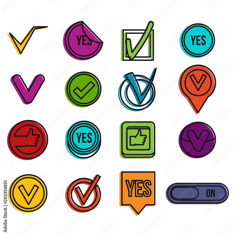 Aufkleber yes icon set. color outline set of yes vector icons for web design isolated on white background