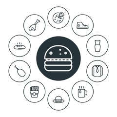 food, clothes, drinks Infographic Circle outline Icons Set. Contains such Icons as  drink,  meal,  unhealthy,  shoes,  steak,  beautiful, fashion, food,  mug and more. Fully Editable. Pixel Perfect