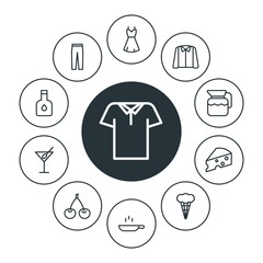 food, clothes, drinks Infographic Circle outline Icons Set. Contains such Icons as  polo,  dress,  blank,  red,  drink,  cocktail,  female,  trousers, vinegar and more. Fully Editable. Pixel Perfect