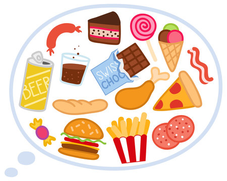 Denkblase gef&uuml;llt mit bunten Icons von ungesunden Lebensmitteln, Fast Food. Konzeptionelle Abbildung von Hei&szlig;hunger, Nervennahrung, Frustessen, Gedanken, Hunger, Stress