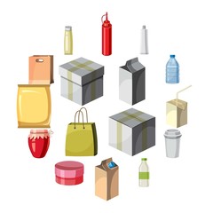 Package container icons set in cartoon style. Boxes and packages,  bottles set collection vector illustration
