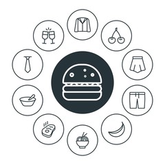 food, clothes, drinks Infographic Circle outline Icons Set. Contains such Icons as  fresh,  clothes,  toast,  casual,  porridge,  red,  dress,  wear,  fashion and more. Fully Editable. Pixel Perfect