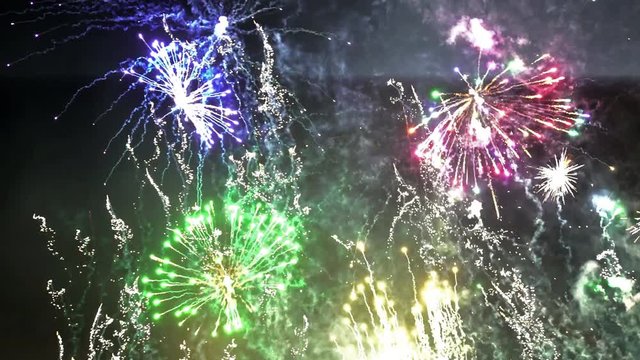 Colorful spiraling fireworks, Fallas festival Valencia Spain.
