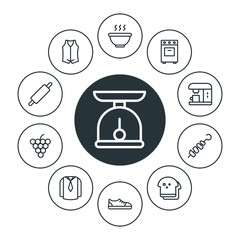 food, clothes, drinks Infographic Circle outline Icons Set. Contains such Icons as  fruit,  diet,  sport,  modern,  female,  food,  home,  breakfast,  tool and more. Fully Editable. Pixel Perfect