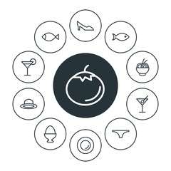 food, clothes, drinks Infographic Circle outline Icons Set. Contains such Icons as  pasta, alcohol,  red,  clothing,  fresh, fish,  meal,  ingredient,  fishing and more. Fully Editable. Pixel Perfect