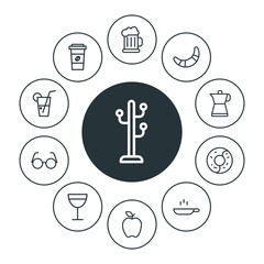 food, clothes, drinks Infographic Circle outline Icons Set. Contains such Icons as coffee,  style, drink, casual,  stand,  cooking,  wineglass,  apple,  pot and more. Fully Editable. Pixel Perfect