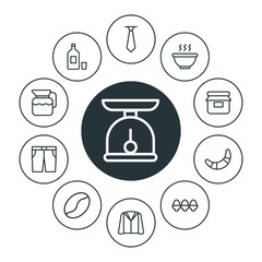 food, clothes, drinks Infographic Circle outline Icons Set. Contains such Icons as fashion,  easter, tie,  healthy,  fashion,  breakfast,  bread,  fruit,  lunch and more. Fully Editable. Pixel Perfect