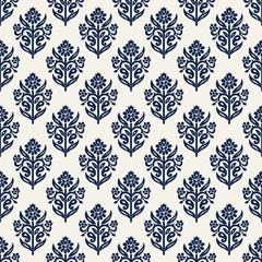 Indigo dye woodblock printed seamless ethnic floral all over pattern. Traditional oriental ornament of India, lily flowers of Kashmir, navy blue on ecru background. Textile design. - 202357861