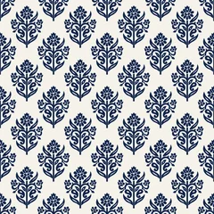 Zelfklevend Fotobehang Indigo dye woodblock printed seamless ethnic floral all over pattern. Traditional oriental ornament of India, lily flowers of Kashmir, navy blue on ecru background. Textile design. © tabuday