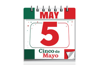 Cinco de Mayo. Annual celebration held on May 5. Holiday date in calendar. Federal holiday in Mexico. Wall calendar in the colors of the national flag of Mexico. Vector illustration