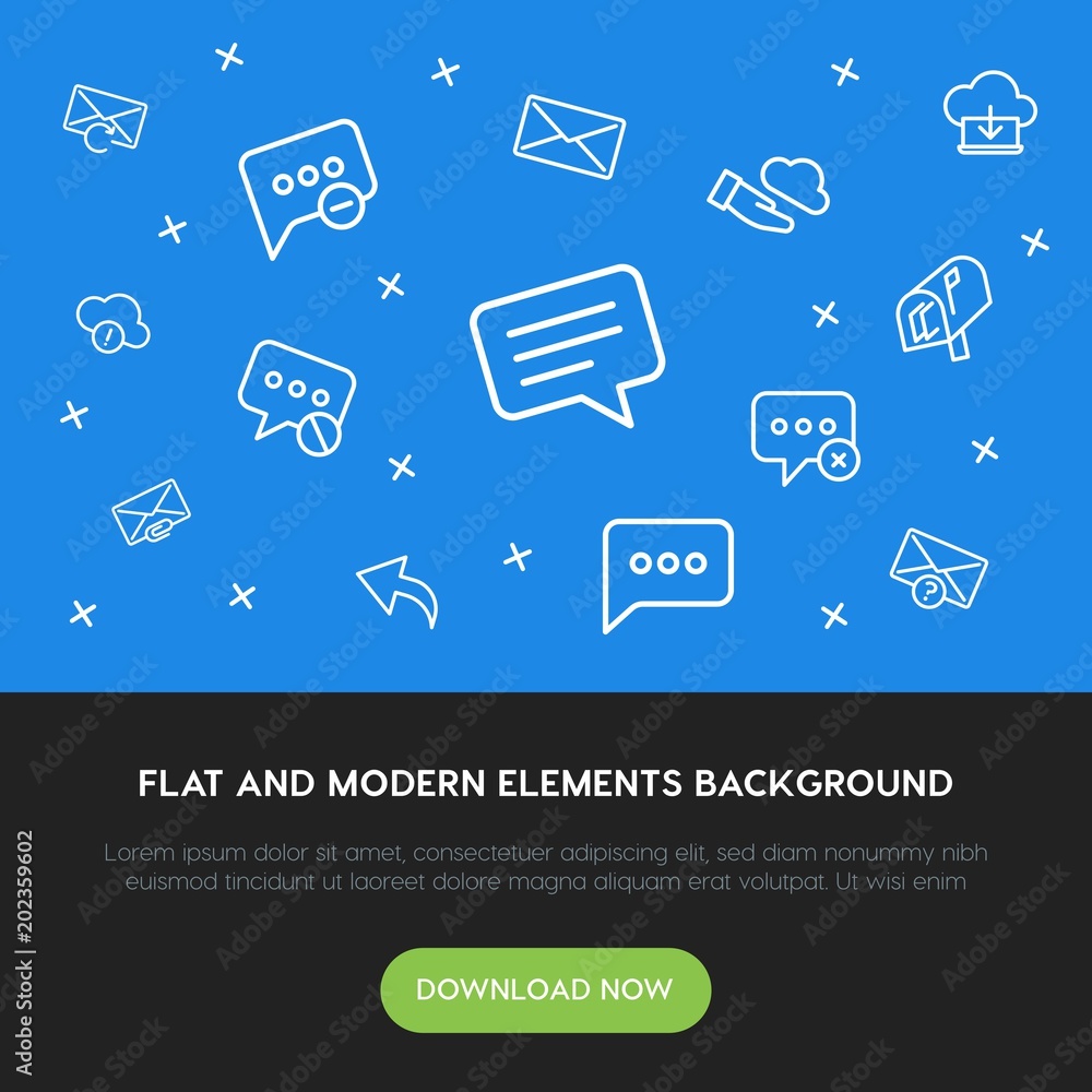 Poster cloud and networking, chat and messenger, email outline vector icons and elements background concept