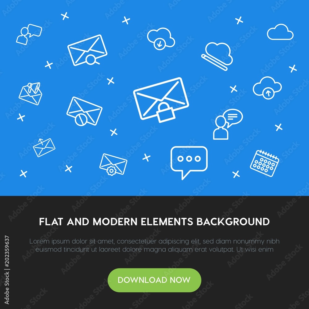Poster cloud and networking, chat and messenger, email outline vector icons and elements background concept