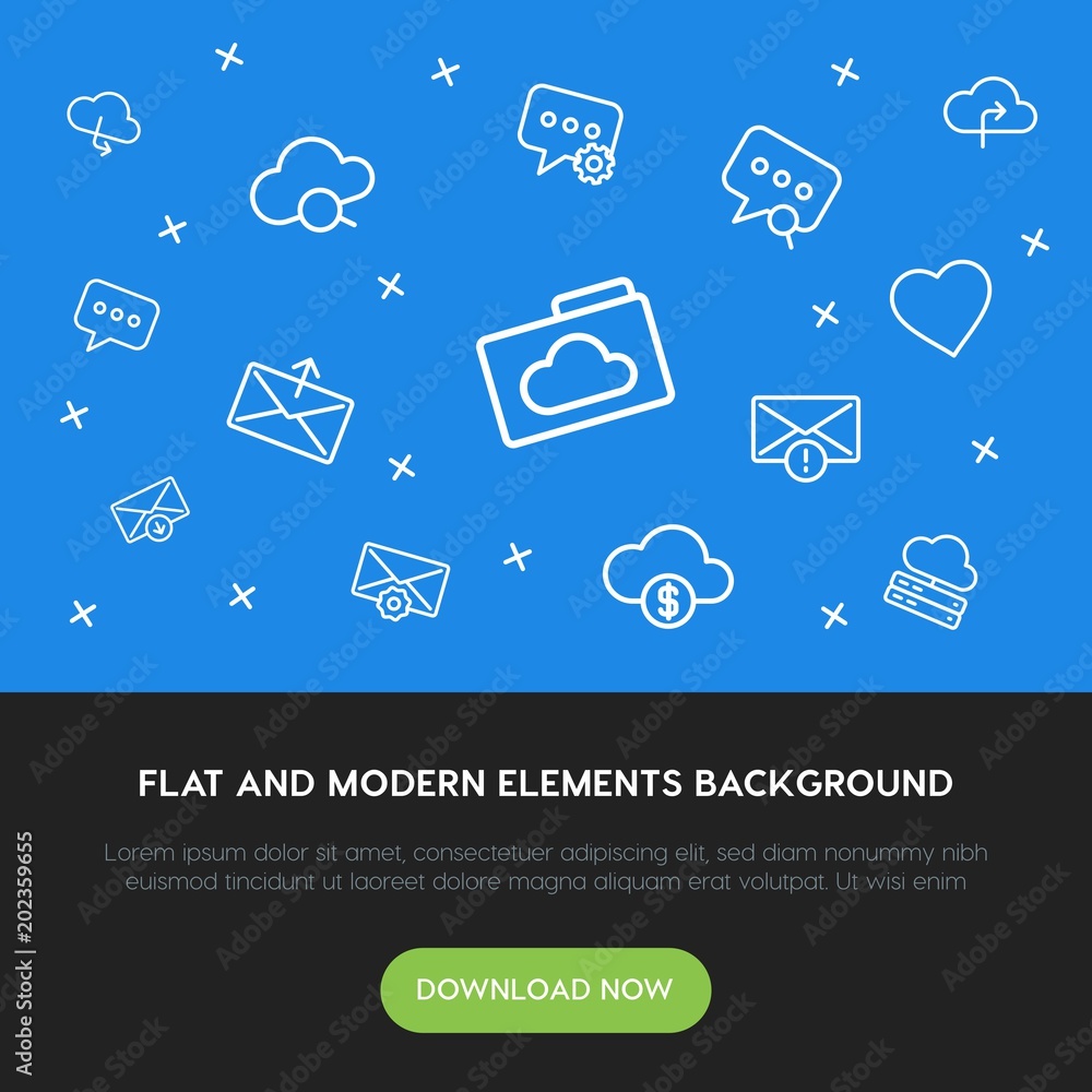 Poster cloud and networking, chat and messenger, email outline vector icons and elements background concept