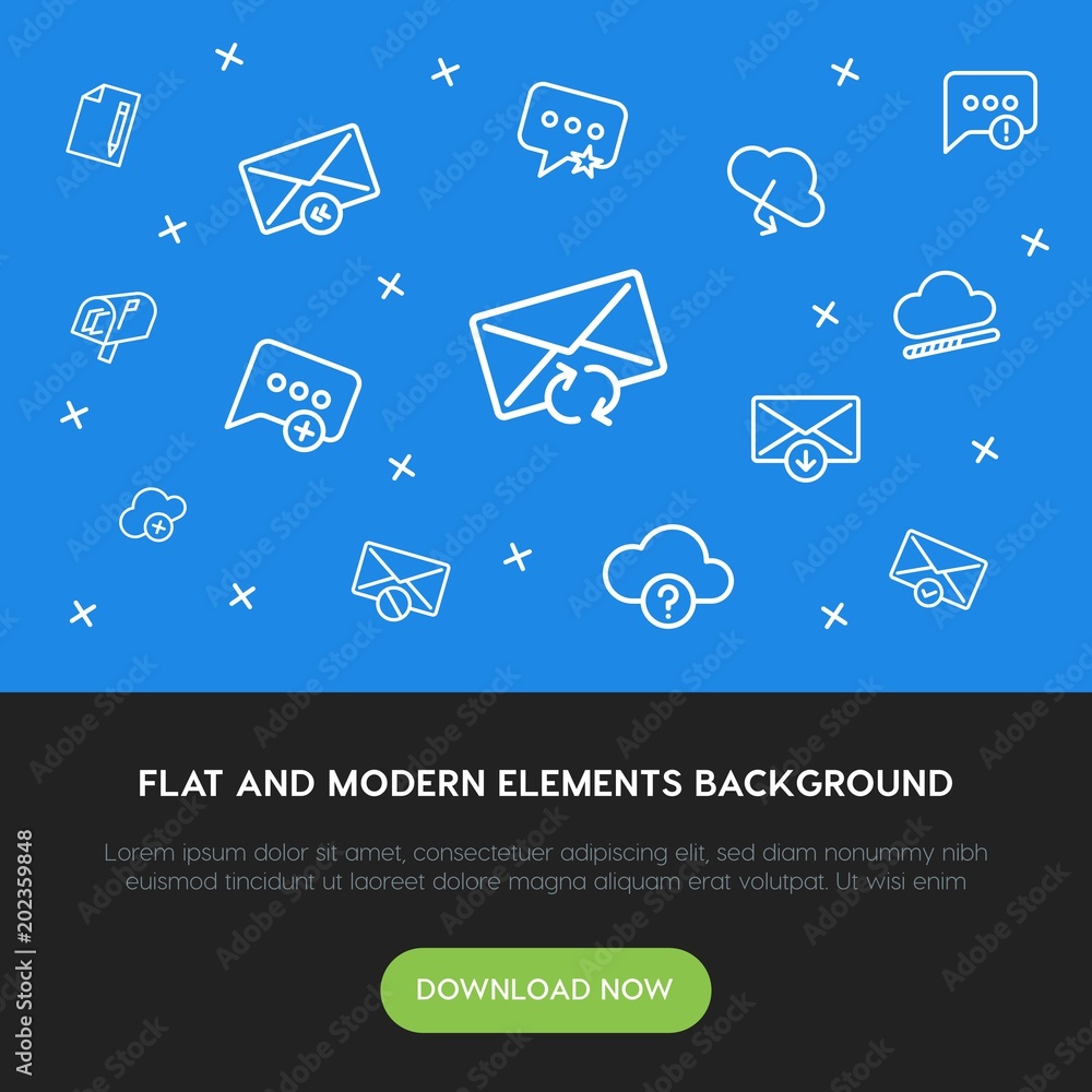 Poster cloud and networking, chat and messenger, email outline vector icons and elements background concept