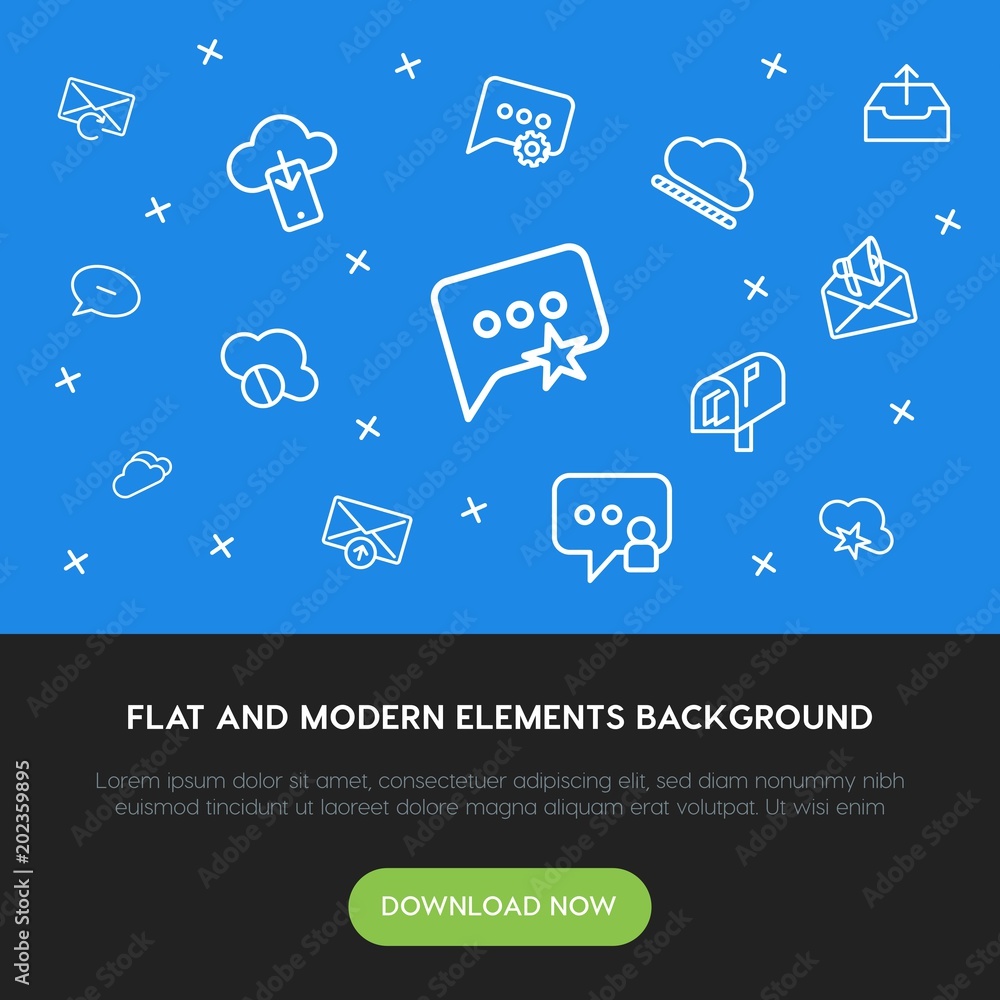 Aufkleber cloud and networking, chat and messenger, email outline vector icons and elements background concept
