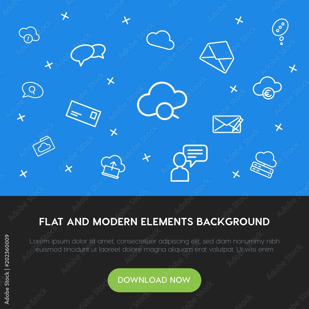 Poster cloud and networking, chat and messenger, email outline vector icons and elements background concept