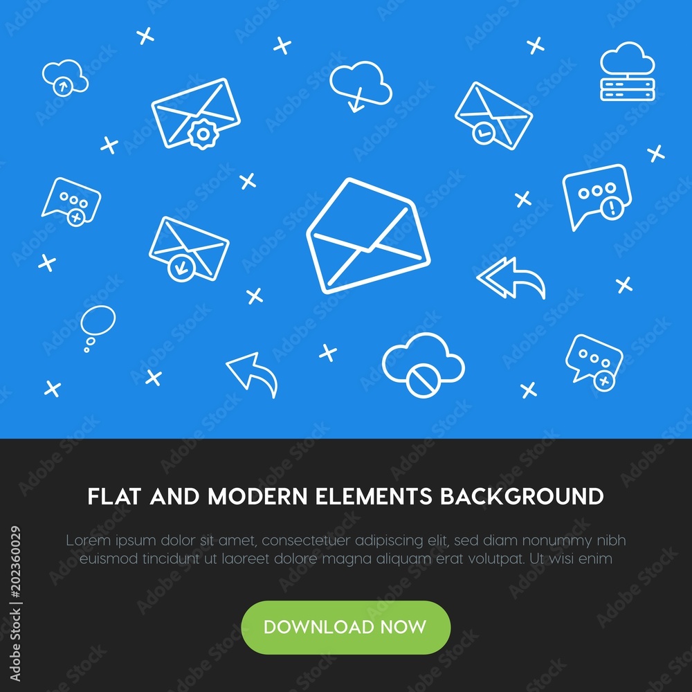 Poster cloud and networking, chat and messenger, email outline vector icons and elements background concept
