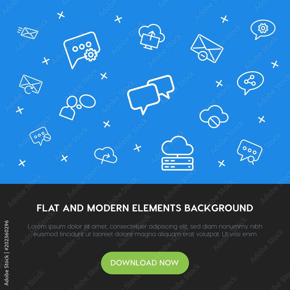 Poster cloud and networking, chat and messenger, email outline vector icons and elements background concept