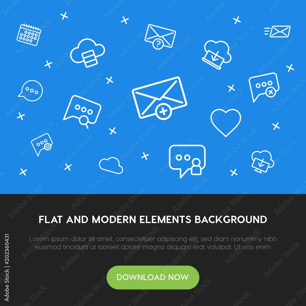 Poster cloud and networking, chat and messenger, email outline vector icons and elements background concept