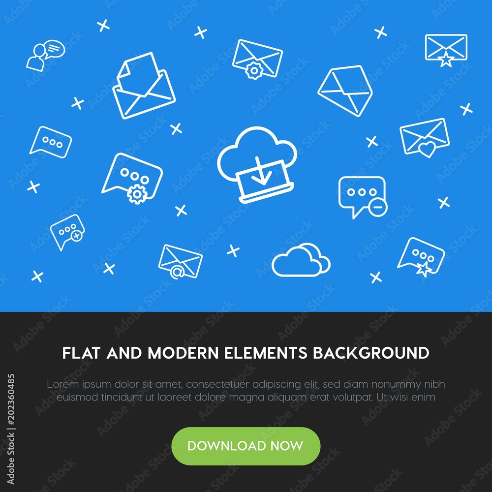 Poster cloud and networking, chat and messenger, email outline vector icons and elements background concept