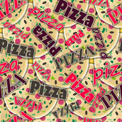 Seamless texture. Multicolor pattern of  stylish  inscription . to design a package, box or wrapper. background or packaging pizza 