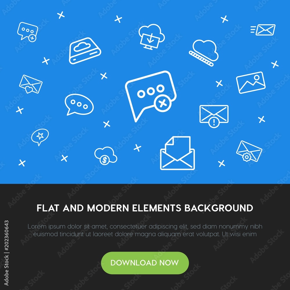 Poster cloud and networking, chat and messenger, email outline vector icons and elements background concept