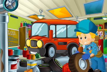 cartoon scene with garage mechanic working repearing some vehicle - fireman car - or cleaning work place - illustration for children
