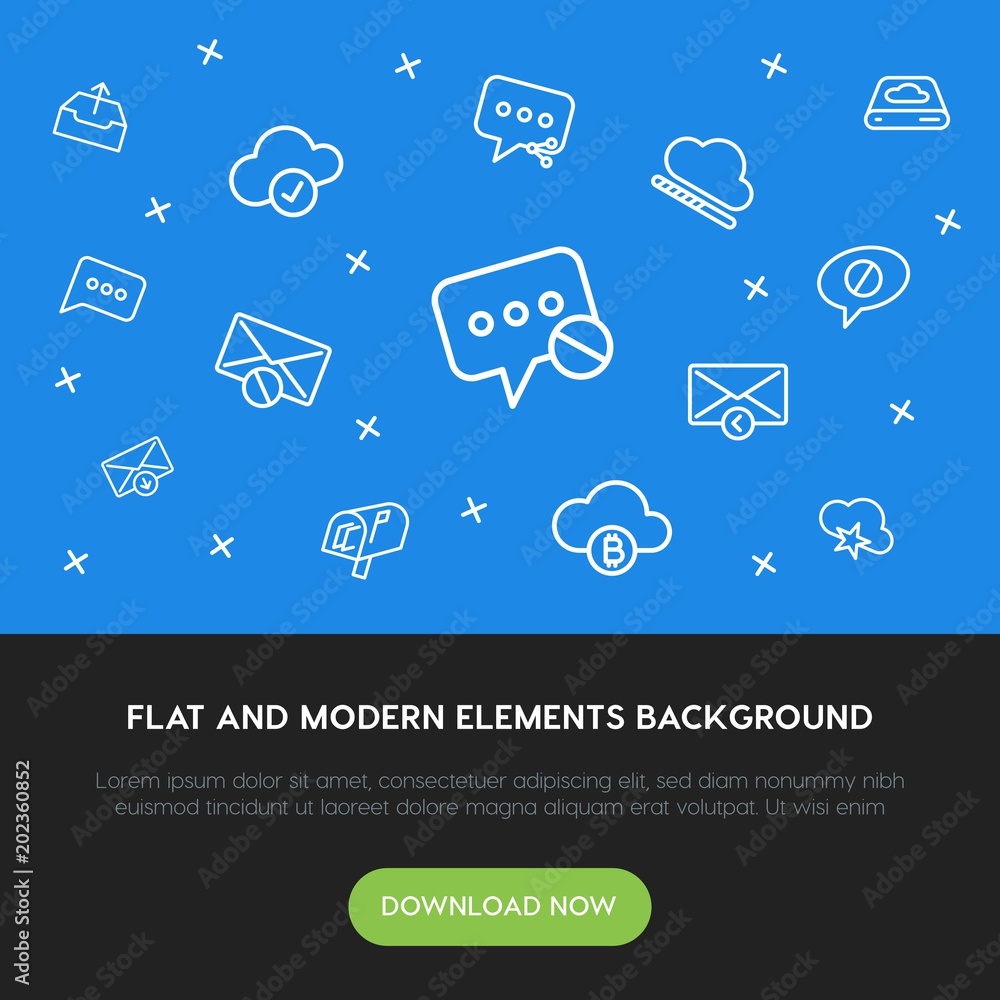 Poster cloud and networking, chat and messenger, email outline vector icons and elements background concept
