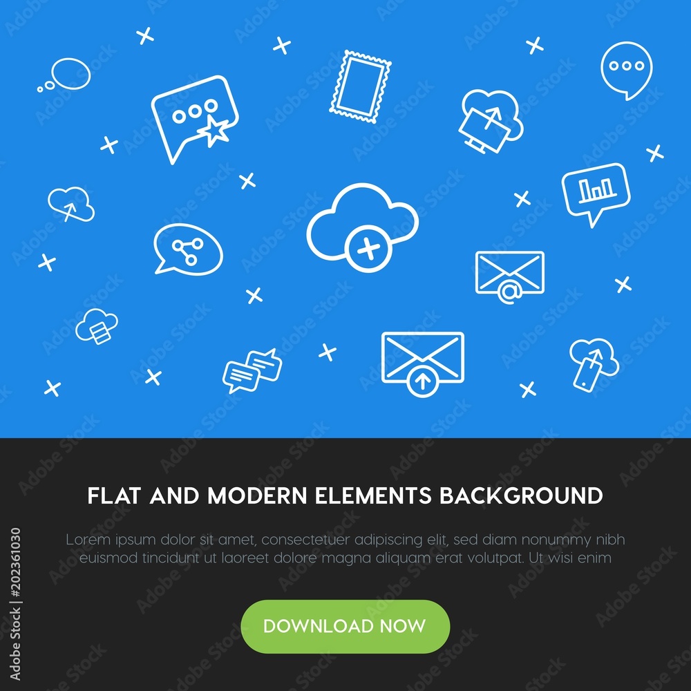 Poster cloud and networking, chat and messenger, email outline vector icons and elements background concept