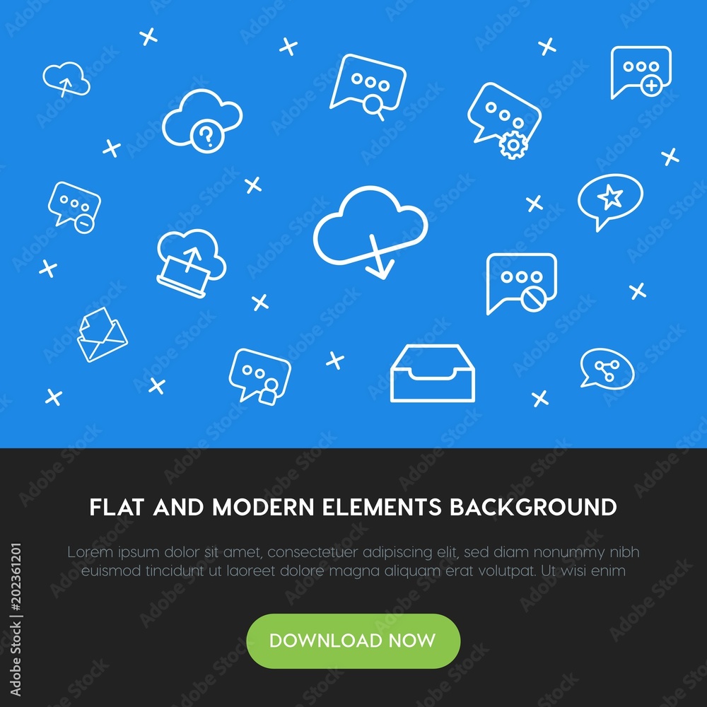 Poster cloud and networking, chat and messenger, email outline vector icons and elements background concept