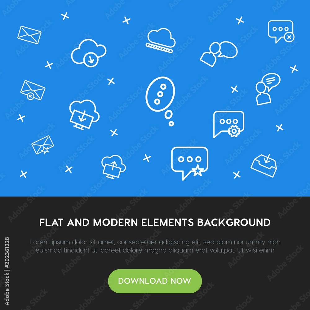 Poster cloud and networking, chat and messenger, email outline vector icons and elements background concept