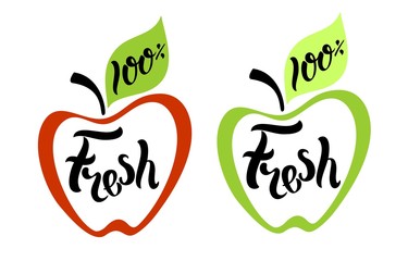  Fresh .100 Apple.Lettering.Calligraphy. Fruit. Bio. Healthy eating. Vector illustration.