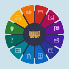 industry, buildings, furniture Infographic Circle outline Icons Set. Contains such Icons as  sea, door,  business,  cargo,  clothes,  furniture, lamp, hospital and more. Fully Editable. Pixel Perfect