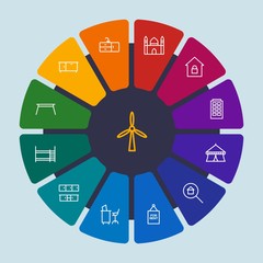 industry, buildings, furniture Infographic Circle outline Icons Set. Contains such Icons as  entertainment,  show,  table,  renewable, rent, house,  clothing and more. Fully Editable. Pixel Perfect