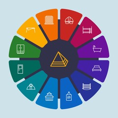 industry, buildings, furniture Infographic Circle outline Icons Set. Contains such Icons as  house,  asia,  furniture,  building, ironing, entrance,  apartment and more. Fully Editable. Pixel Perfect