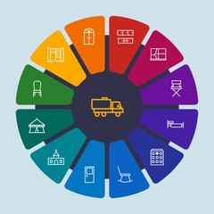 industry, buildings, furniture Infographic Circle outline Icons Set. Contains such Icons as  house,  vintage,  interior,  seat, circus, chair, hospital,  arc and more. Fully Editable. Pixel Perfect
