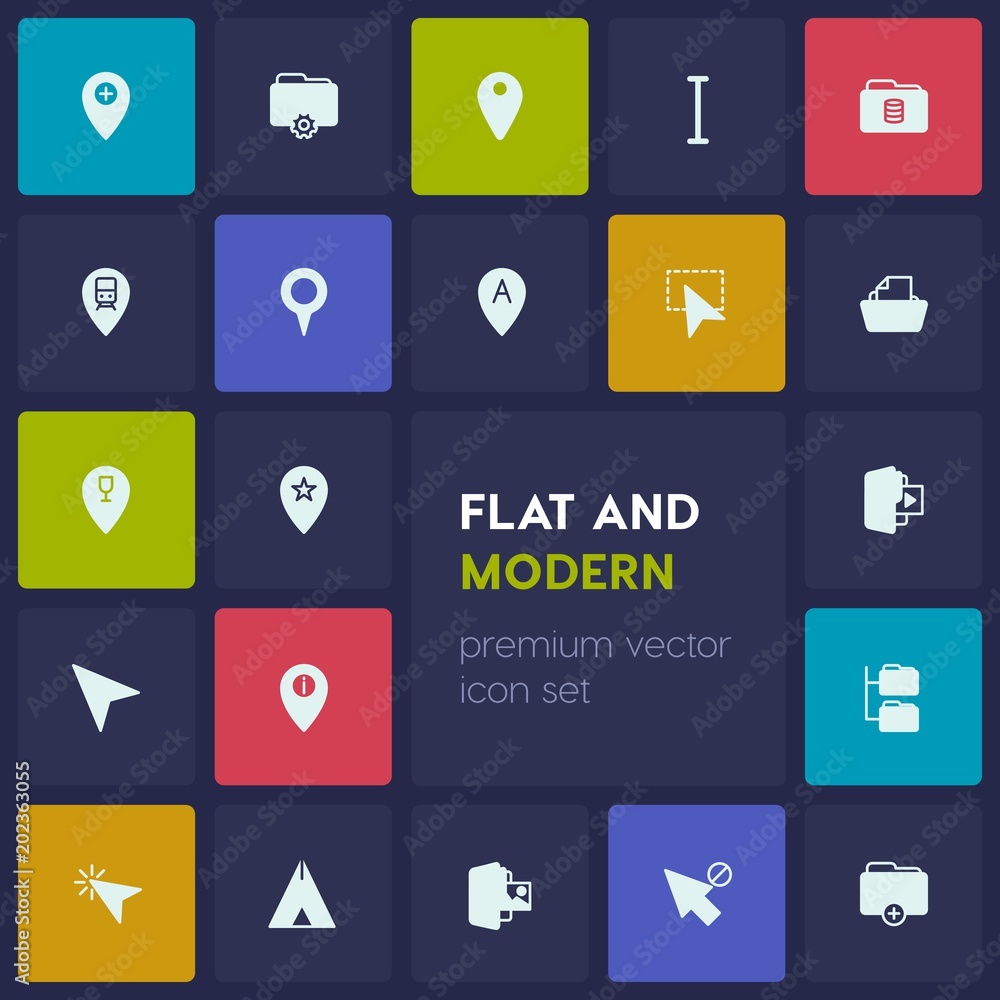 Poster modern simple set of location, folder, cursors vector fill icons. contains such icons as location, w