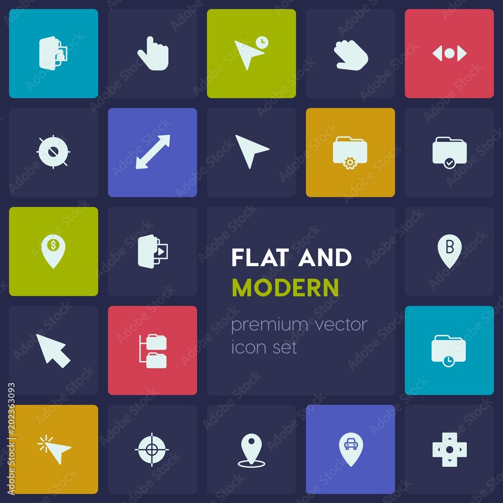 Poster modern simple set of location, folder, cursors vector fill icons. contains such icons as hand, folde