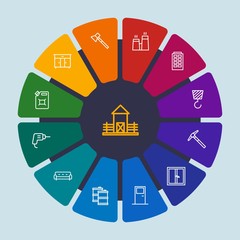 industry, buildings, furniture Infographic Circle outline Icons Set. Contains such Icons as  crane, drill,  tool,  building,  industry,  petroleum, bedroom, axe and more. Fully Editable. Pixel Perfect