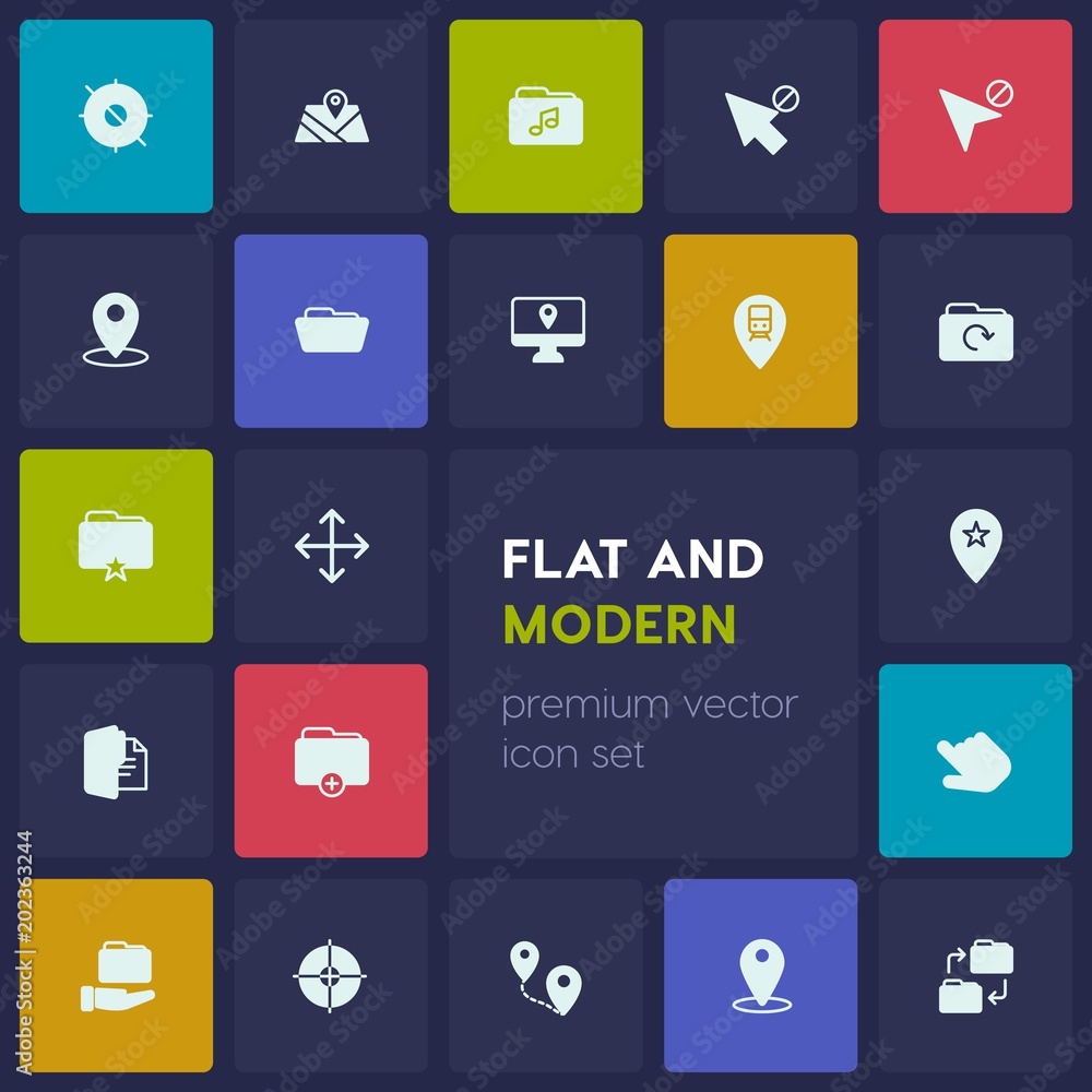 Poster modern simple set of location, folder, cursors vector fill icons. contains such icons as arrow, map,