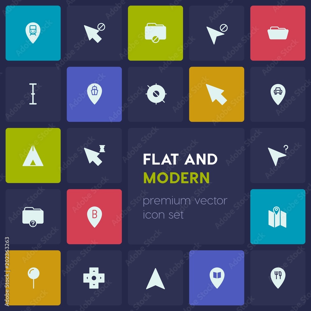 Poster modern simple set of location, folder, cursors vector fill icons. contains such icons as transportat