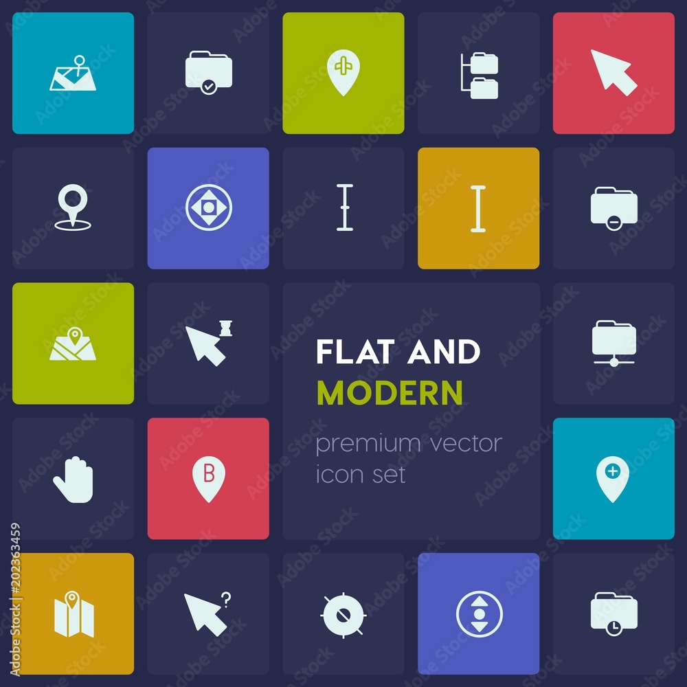 Poster modern simple set of location, folder, cursors vector fill icons. contains such icons as technology,